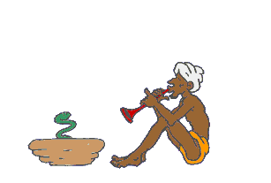 Animation d’un fakir jouant de la flûte à un serpent qui forme progressivement le caractère arobase.