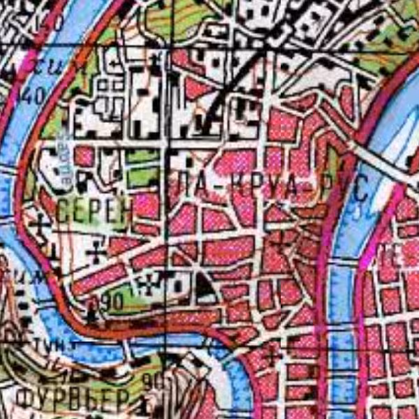 Zoom sur le plateau de la Croix-Rousse d’une carte militaire soviétique de Lyon (1980)